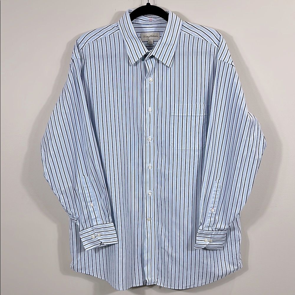 Tommy Bahama Button Front Stipe Blue White Longsleeve Shirt Men Size 17.5 32-33